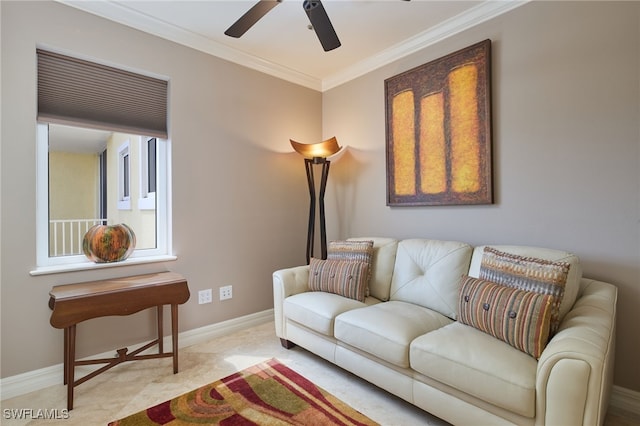 living area featuring crown molding, ceiling fan, and light carpet