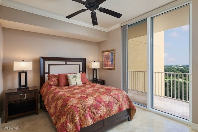 bedroom with ceiling fan, crown molding, and access to outside