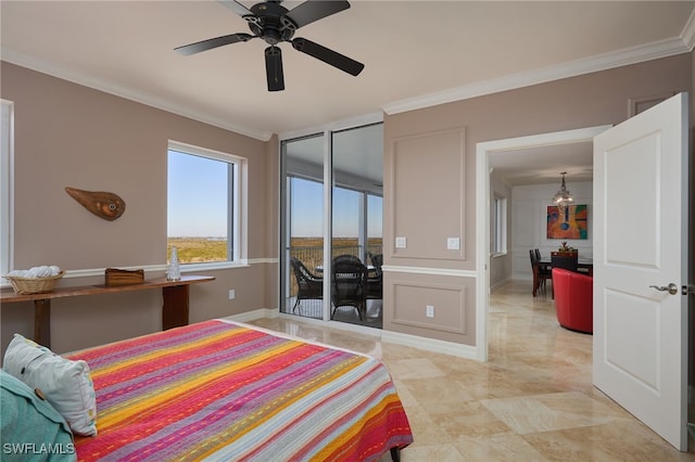 bedroom with ceiling fan, ornamental molding, and access to outside