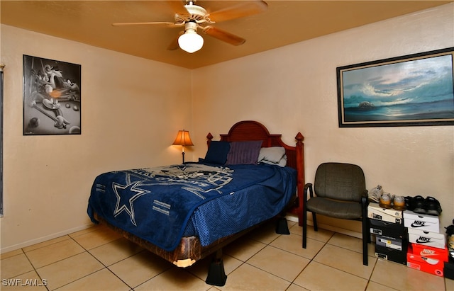 bedroom with light tile patterned flooring and ceiling fan