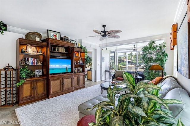 living room with ceiling fan and ornamental molding