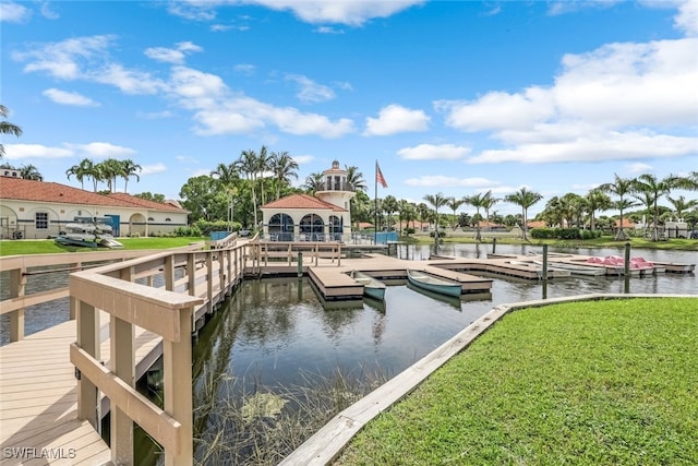 view of dock featuring a water view and a yard