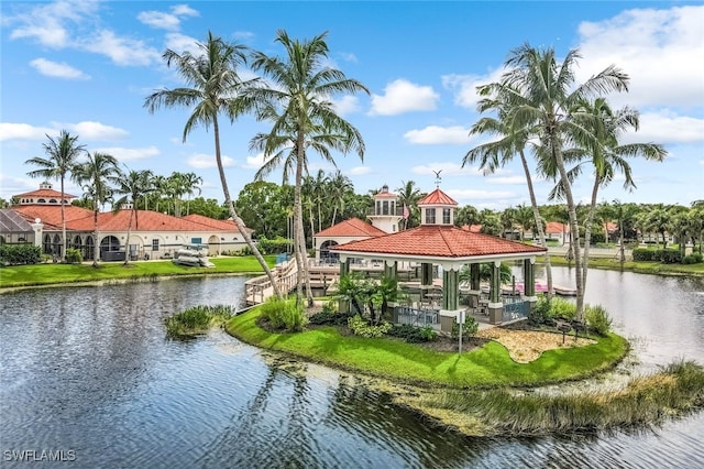 dock area with a water view and a gazebo