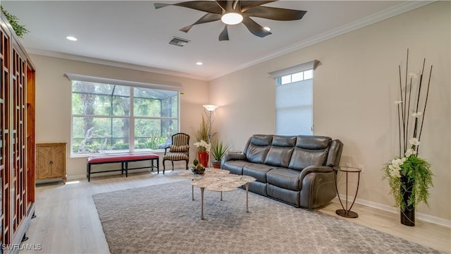 living room featuring ceiling fan, light wood-type flooring, a wealth of natural light, and crown molding