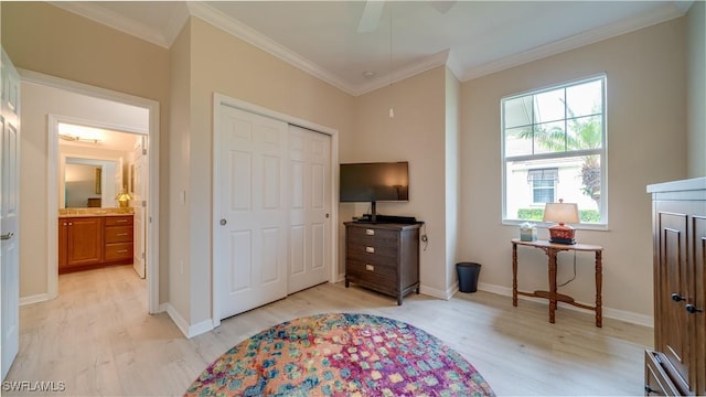 bedroom with ceiling fan, a closet, ornamental molding, and light wood-type flooring