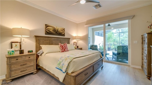 bedroom featuring ceiling fan, access to exterior, light hardwood / wood-style flooring, and ornamental molding