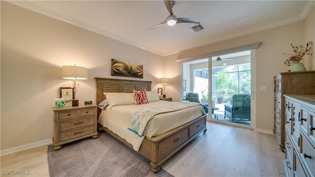 bedroom with ceiling fan, access to exterior, ornamental molding, and light hardwood / wood-style floors