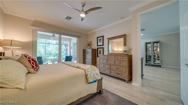 bedroom with ceiling fan, access to exterior, crown molding, and light wood-type flooring