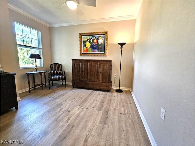 living area featuring light wood-type flooring, crown molding, and baseboards