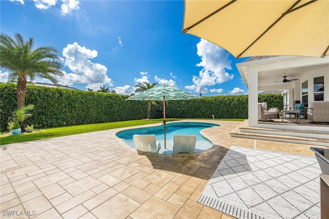 view of swimming pool with ceiling fan and a patio