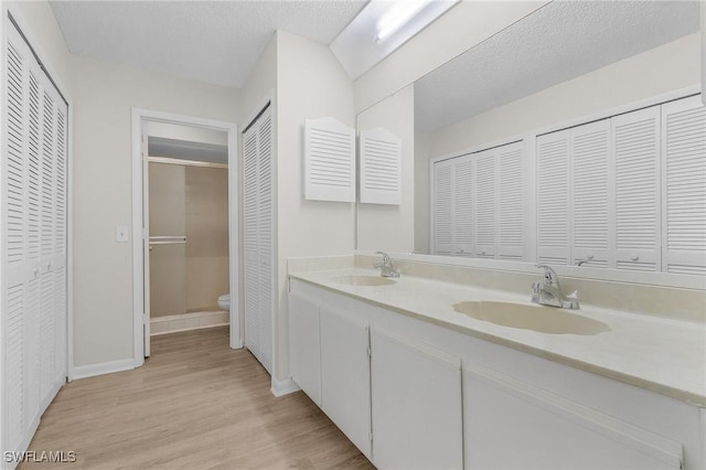 bathroom with wood-type flooring, vanity, a textured ceiling, and toilet