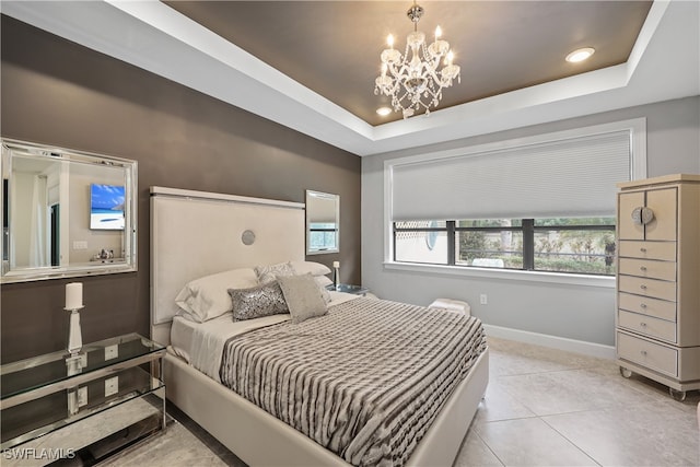 tiled bedroom with a raised ceiling and a notable chandelier