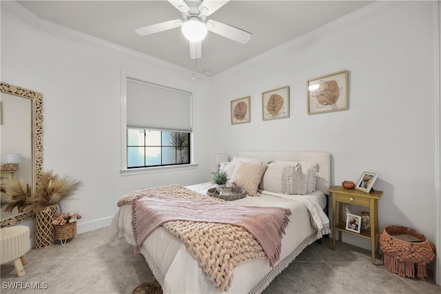 tiled bedroom featuring ceiling fan and ornamental molding