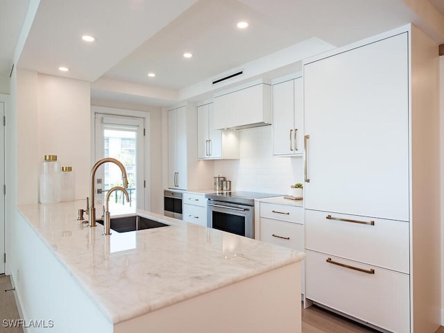 kitchen with light hardwood / wood-style floors, white cabinetry, light stone counters, stainless steel appliances, and sink