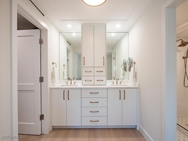 bathroom featuring wood-type flooring, a shower, and vanity