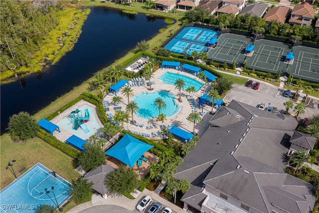 drone / aerial view featuring a water view