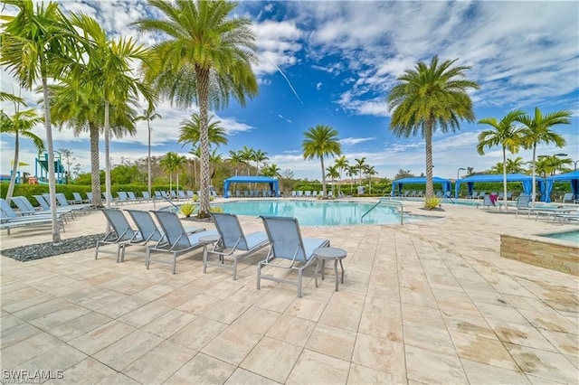 view of pool featuring a patio