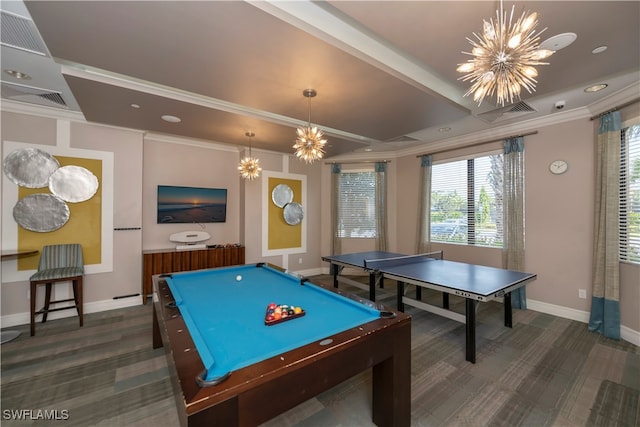 playroom with dark colored carpet, pool table, ornamental molding, and a notable chandelier