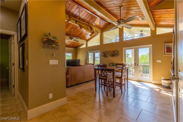 dining space with french doors, ceiling fan, and wood ceiling