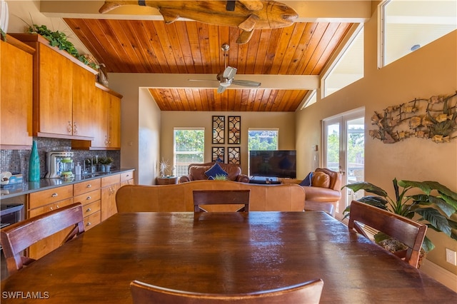 dining area with ceiling fan, wood ceiling, and lofted ceiling with beams