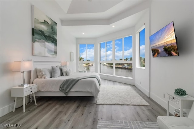 bedroom with access to outside and wood-type flooring