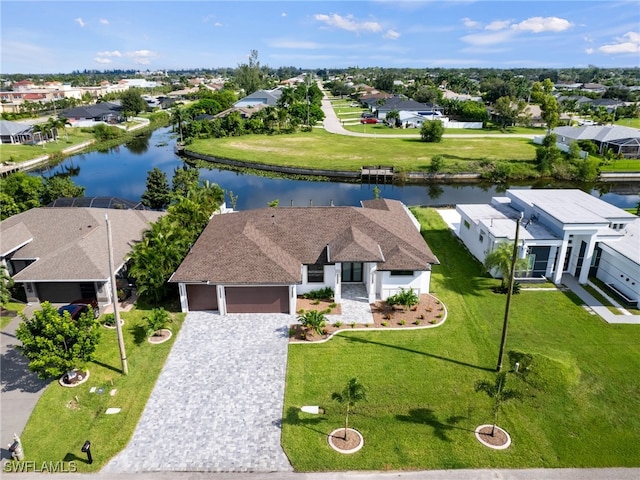 aerial view featuring a water view