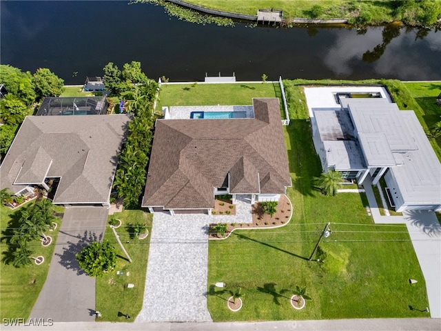 aerial view featuring a water view