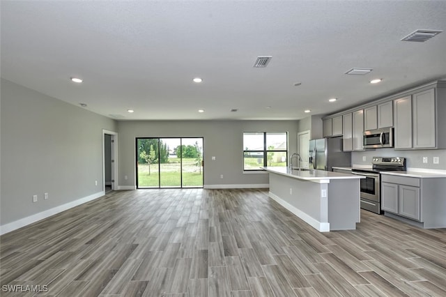 kitchen with sink, appliances with stainless steel finishes, a kitchen island with sink, and gray cabinetry