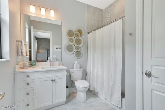 full bathroom with vanity, toilet, and shower / bathtub combination with curtain