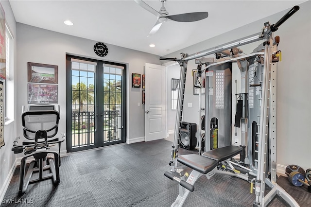 workout room with french doors and ceiling fan