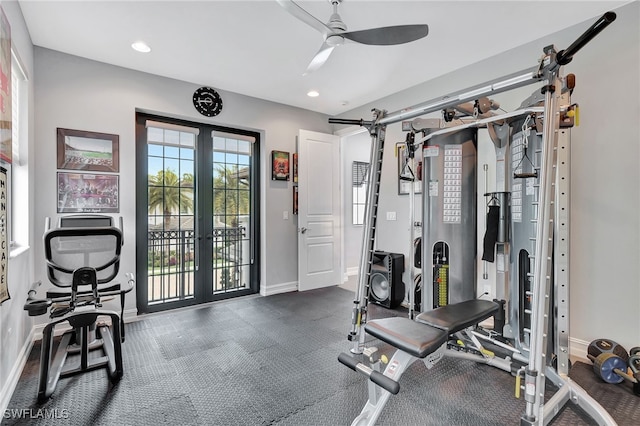 14690 Reserve Pl, Naples, FL 34109 - exercise area with french doors, baseboards, ceiling fan, and recessed lighting