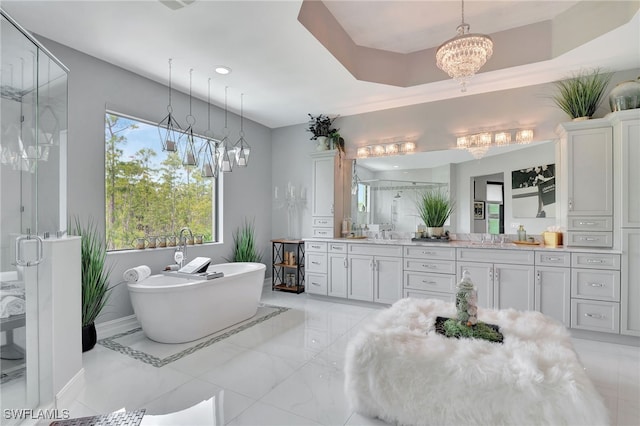 bathroom with vanity, a raised ceiling, and plus walk in shower