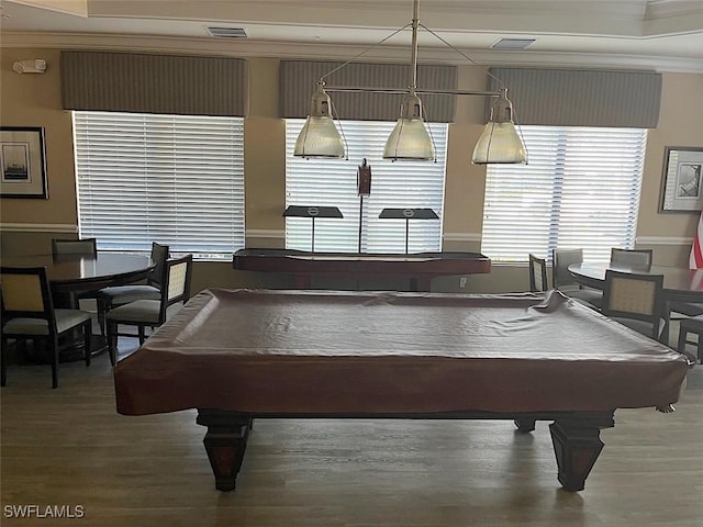 game room with hardwood / wood-style flooring, billiards, and ornamental molding