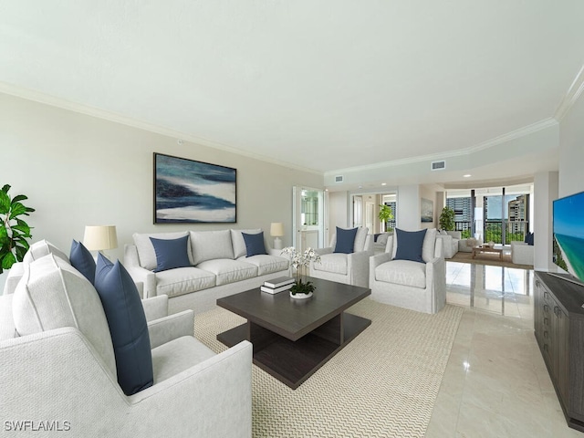 living room with ornamental molding