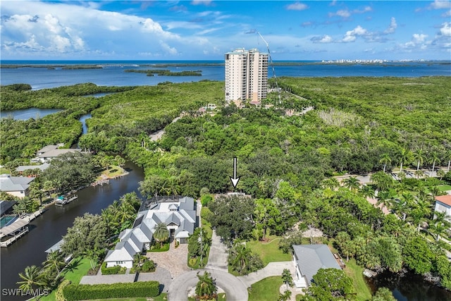 birds eye view of property with a water view