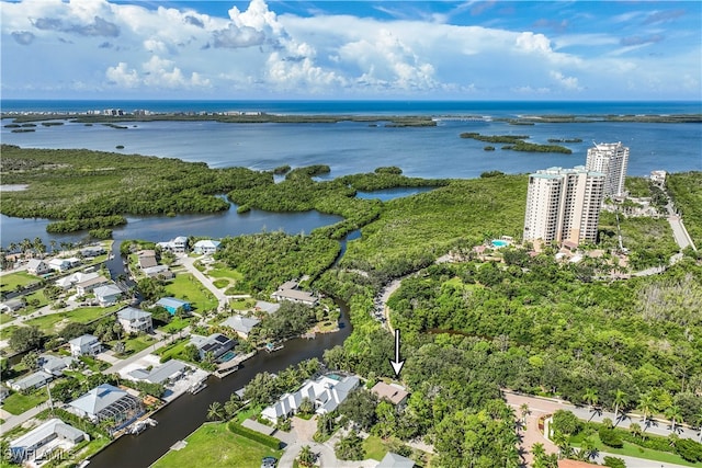 birds eye view of property with a water view