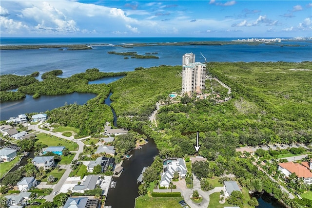 drone / aerial view featuring a water view