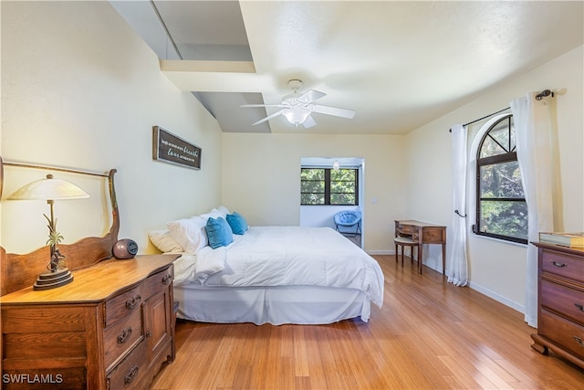 bedroom featuring light hardwood / wood-style flooring and ceiling fan