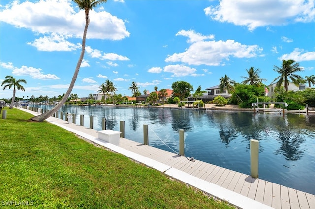 view of dock featuring a water view and a lawn