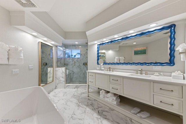 200 Estero Blvd Unit 101, Fort Myers Beach, FL 33931 - bathroom featuring a sink, visible vents, a marble finish shower, and marble finish floor