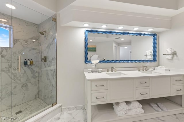 200 Estero Blvd Unit 101, Fort Myers Beach, FL 33931 - bathroom featuring a marble finish shower, marble finish floor, and vanity