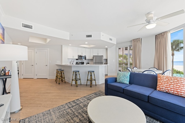 living room with plenty of natural light, light hardwood / wood-style flooring, and ceiling fan