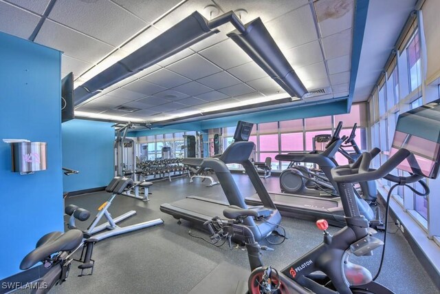 gym with a paneled ceiling and a wealth of natural light