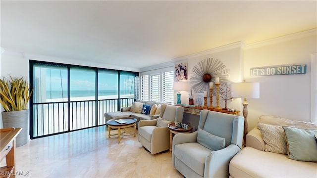 living room featuring ornamental molding and expansive windows