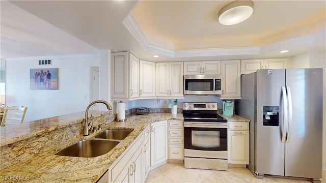 kitchen featuring stainless steel appliances, sink, light stone counters, and a tray ceiling