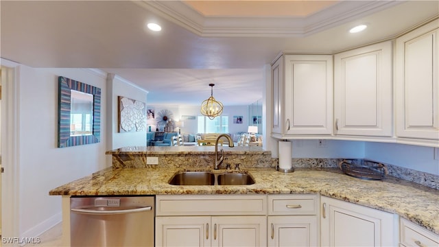 kitchen featuring dishwasher, ornamental molding, sink, and light stone countertops