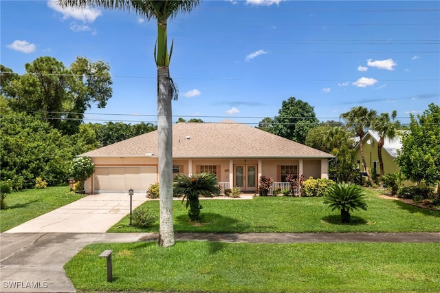 view of front of property featuring a garage, a front lawn, and a porch