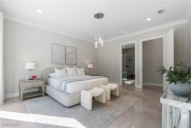 bedroom featuring ensuite bathroom and crown molding