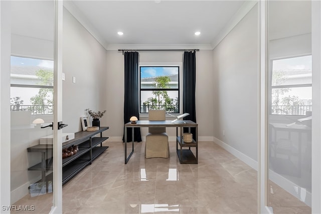 home office with ornamental molding