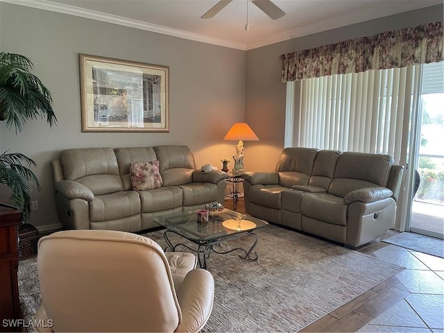 living room with crown molding and ceiling fan